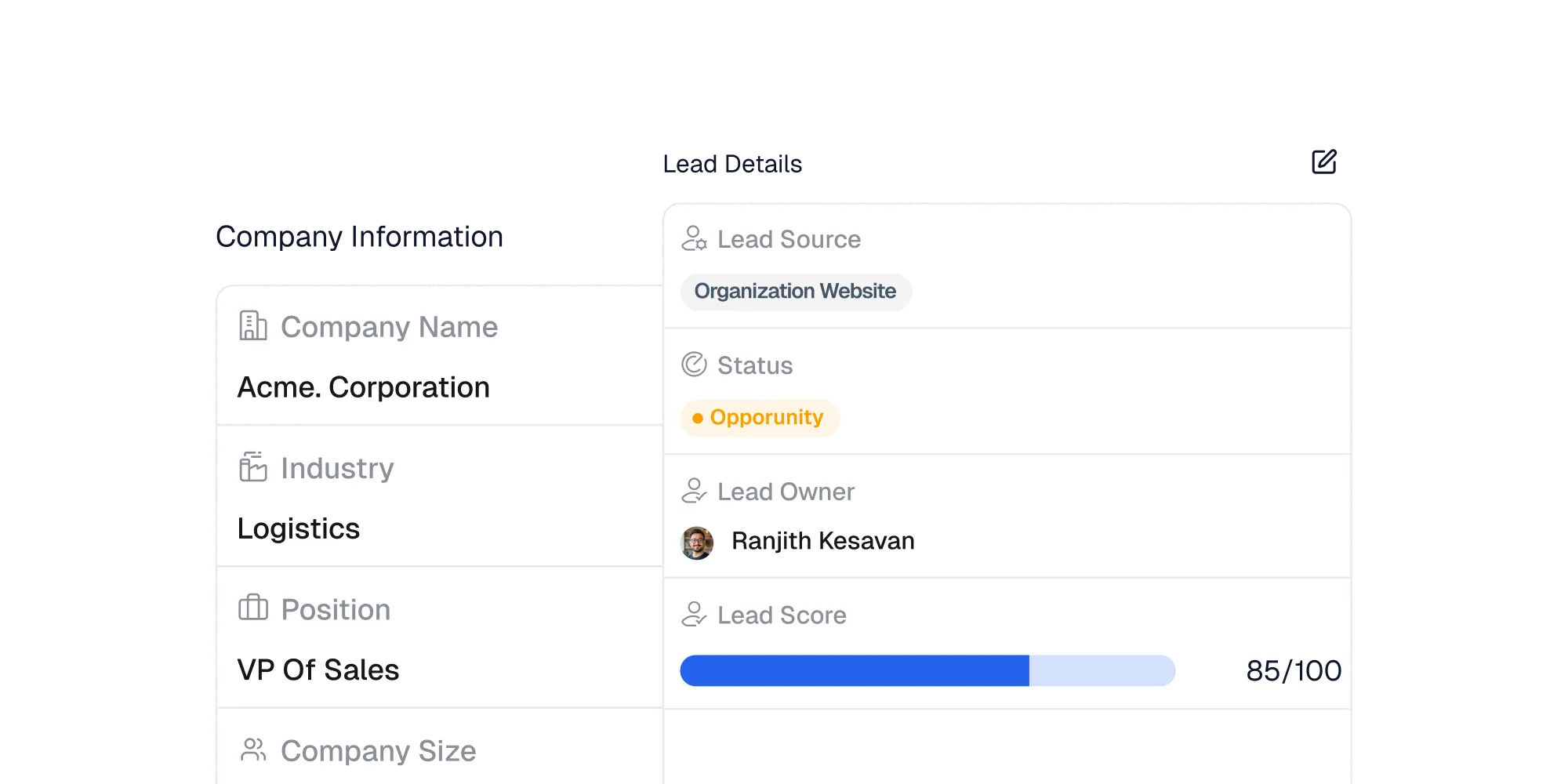 Lead details showing owner, company, and lead score.
